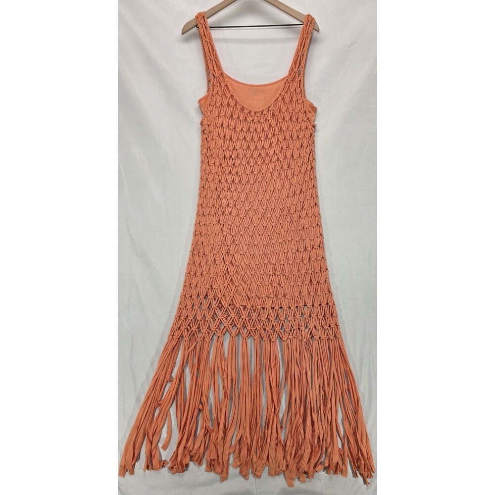 Skies Are Blue Crochet Fringe Maxi Dress L Open Knit Coral Boho Festival Resort
